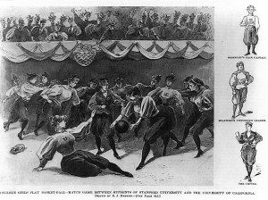 Drawing of women's basketball game, Stanford vs. University of California, 1896