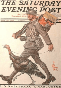 Saturday Evening Post cover of soldier walking turkey.
