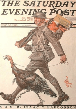 Saturday Evening Post cover of soldier walking turkey.