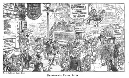 Cartoon of Berlin full of foreign people, stores, etc.