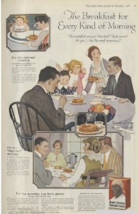 1918 ad for Aunt Jemima pancake mix with family eating at table.