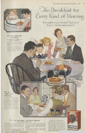 1918 ad for Aunt Jemima pancake mix with family eating at table.