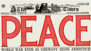 Los Angeles Times headline on WWI armistice, PEACE in huge red letters.