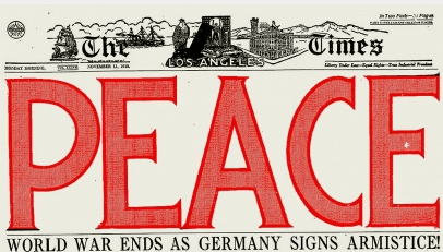 Los Angeles Times headline on WWI armistice, PEACE in huge red letters.