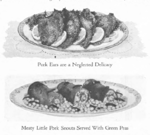 Illustration captioned Meaty Little Pork Snouts Served with Green Peas