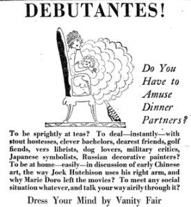 1918 advertisement for Vanity Fair headlined Debutantes! Do You Have to Amuse Dinner Partners?