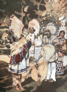 George Sheringham illustration from Canadian Wonder Tales, 1918. Indians in headdresses.
