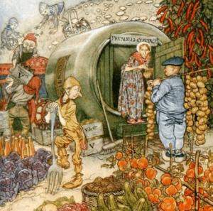 Arthur Rackham illustration, English Fairy Tales, 1918. Man selling vegetables to woman in round hut.