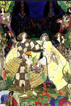 Harry Clarke illustration from Fairy Tales by Hans Christian Anderson, 1916. People in formal dress.