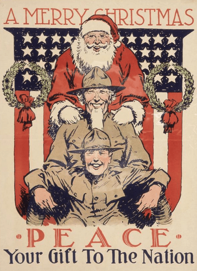 U.S. Food Administration poster, 1918. Santa with soldiers. A Merry Christmas. Peace, Your Gift to the Nation.