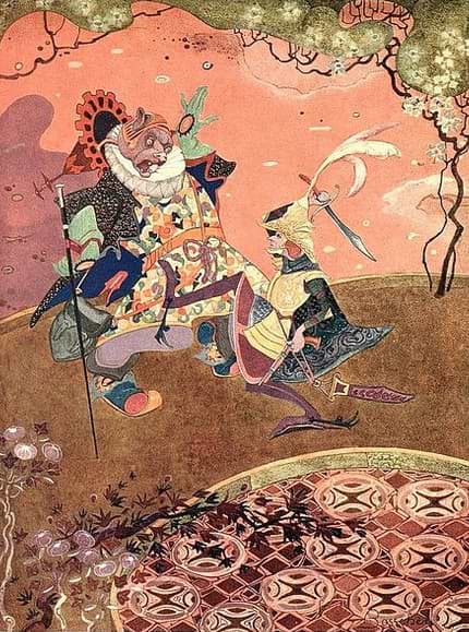 Illustration from Folk Tales from Flanders by Jean de Bosschère, 1918. Young man fighting with monster.