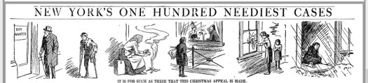 Banner for New York's One Hundred Neediest Cases, 1918, showing disables and poor people.