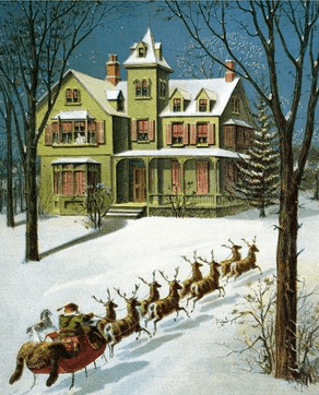 Williams Roger Snow lithorgraph for The Night Before Christmas, 1918, showing Santa's sleigh in yard of large home.