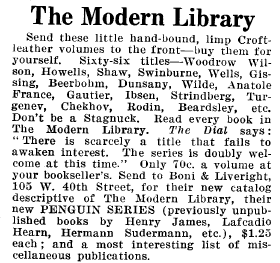 1919 Modern Library advertisement reading in part Don't be a Stagnuck. Read every book in The Modern Library.