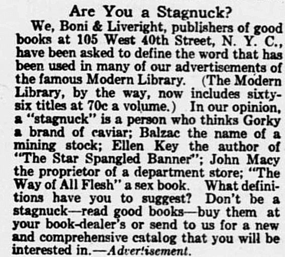 1918 Boni and Liverright advertisement headlined Are You a Stagnuck?