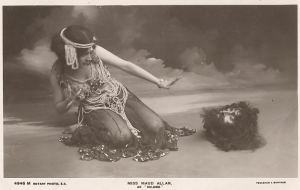 Postcard of Maud Allan as Salome, ca. 1906, showing Salomé recoiling from severed head.