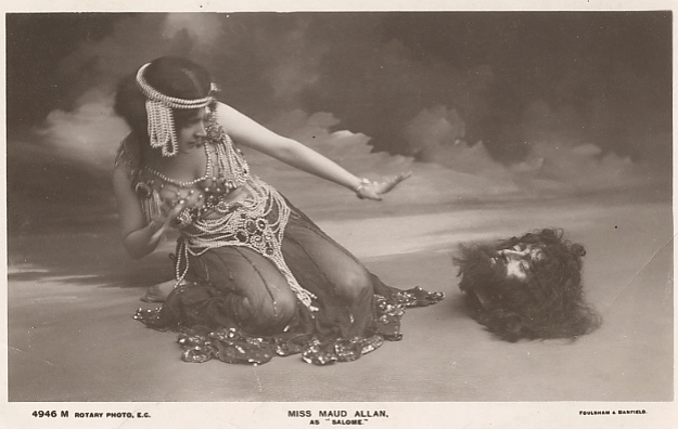 Postcard of Maud Allan as Salome, ca. 1906, showing Salomé recoiling from severed head.