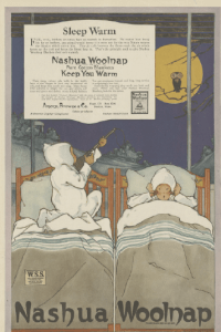 1918 Nashua Woolnap ad showing child in bed aiming rifle at owl.