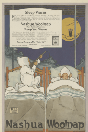 1918 Nashua Woolnap ad showing child in bed aiming rifle at owl.