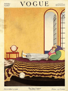 Helen Dryden Vogue cover, December 15, 1918. Woman reclining on bed with colorful cushions in front of open window.