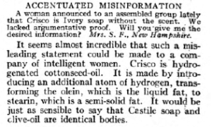 Q and A from Dr. Wiley's Question Box, woman asking if Crisco is Ivory soap without the scent, July 1918.