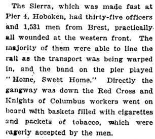 December 10, 1918 New York Times story about Red Cross workers giving baskets of ciagrettes to returning soldiers.