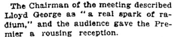 Excerpt from December 15, 1918 New York Times story saying Lloyd George was called a real spark of radium at a meeting.