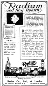 1918 ad for Radioc with headline Radium and Hair Health.