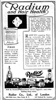 1918 ad for Radioc with headline Radium and Hair Health.