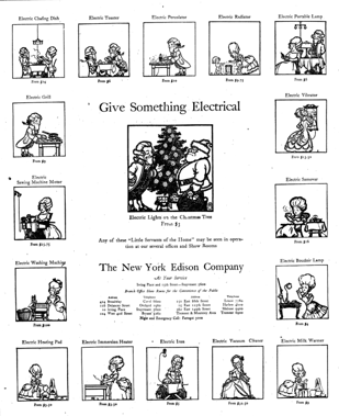 1918 ad for New York Edison titled Give Something Electric with cartoons of people using electrical appliances.
