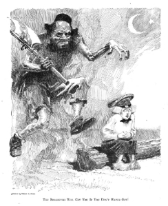 Judge cartoon, December 7, 1918 showing monstrous man about to attack little boy with caption about Bolsheviki.
