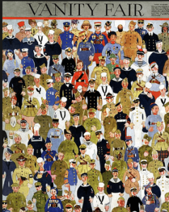 Vanity Fair December 1918 cover, colorful cartoon of crowd of happy soldiers.
