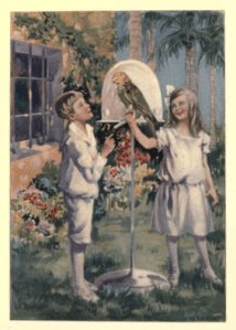 Illustration from Twin Travellers in South America by Mary H. Wade. Boy and girl outside house with parrot.