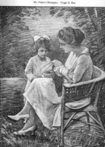 Illustration from December 1918 Sunset magazine. Woman knitting outdoros with girl standing next to her.