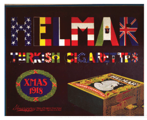 1918 Helmar cigarette ad saying Helmar Turkish cigarettes with each letter colored with a country's flag.