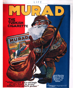 1918 Murad cigarette ad showing Santa with giant box of Murads in his sack.