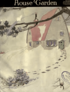 House and Garden December 1918 cover illustration. Gray house with pink roof, footprints in snow.