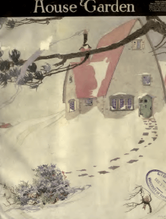 House and Garden December 1918 cover illustration. Gray house with pink roof, footprints in snow.
