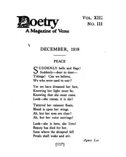 First page of Poetry Magazine, December 1918, with poem titled Peace.