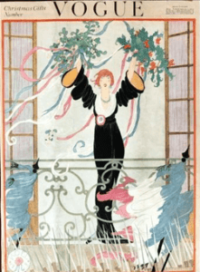 Vogue 1918 Christmas Gifts number cover. Woman on Juliet balcony waving garlands.