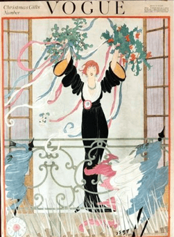Vogue 1918 Christmas Gifts number cover. Woman on Juliet balcony waving garlands.