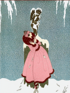 Erté December 1918 Harper's Bazar cover illustration, woman in pink coat in snow.