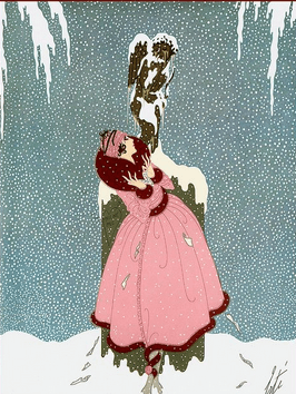 Erté December 1918 Harper's Bazar cover illustration, woman in pink coat in snow.