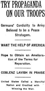 December 15, 1918 New York Times headline reading in part Germans' Cordiality to Army Believed to be a Peace Strategem.