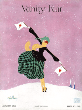 January 1918 Vanity Fair cover by Gordon Conway. Woman in snow holding semaphore flags with hearts on them.