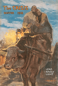 April 1918 Crisis cover, William Edouard Scott painting Lead Kindly Light. Man and woman riding ox cart with lamp.