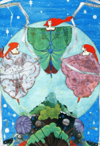 Harry Clarke illustration from Fairy Tales by Hans Christian Andersen, 1916. Three women in colorful robes..