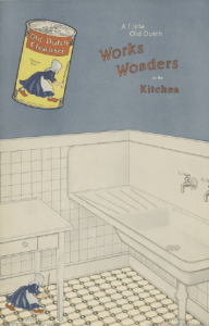 1918 Old Dutch Cleanser ad. Tiny hooded woman washing floor.
