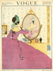 February 1918 Vogue cover by Helen Dryden. Illustration of woman in pink hoop-skirt dress looking in mirror.