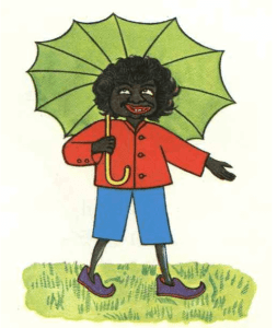 Cover of The Story of Little Black Sambo by Helen Bannerman, 1900. Cartoon of dark-skinned boy with umbrella.
